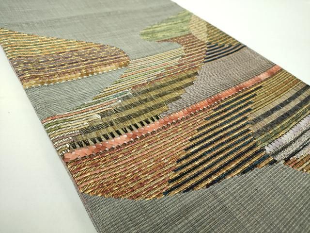 平和屋着物 両面 太鼓柄袋帯 紬地 横段文 金糸 正絹 DAAX4530ps