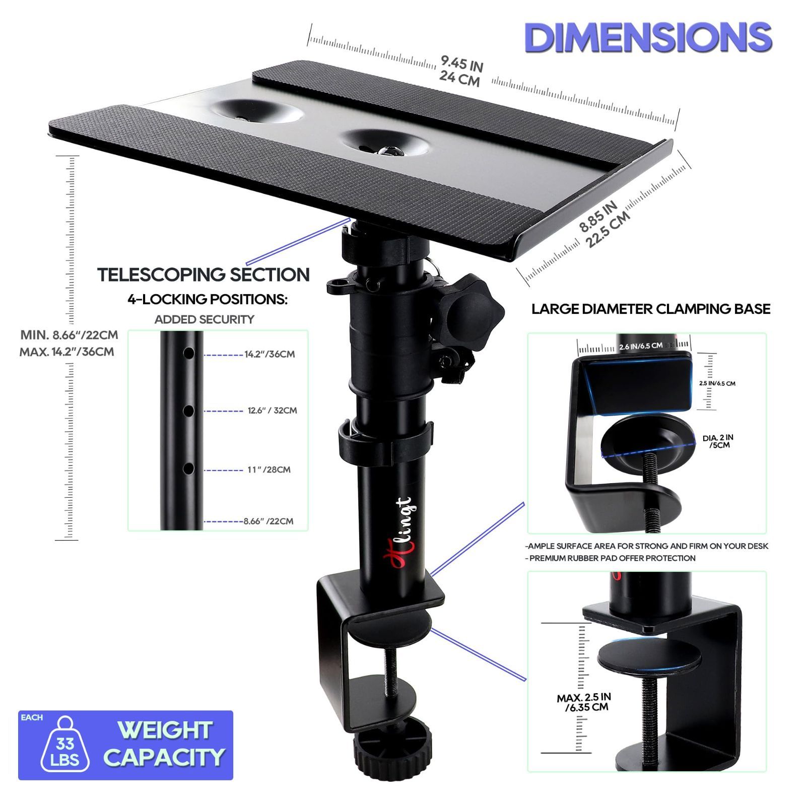 スピーカースタンド 卓上 クランプ モニタースピーカースタンド｜小型天板1512 クランプ モニタースピーカースタンド 小型 高さ22～36cm，角度-10°～+