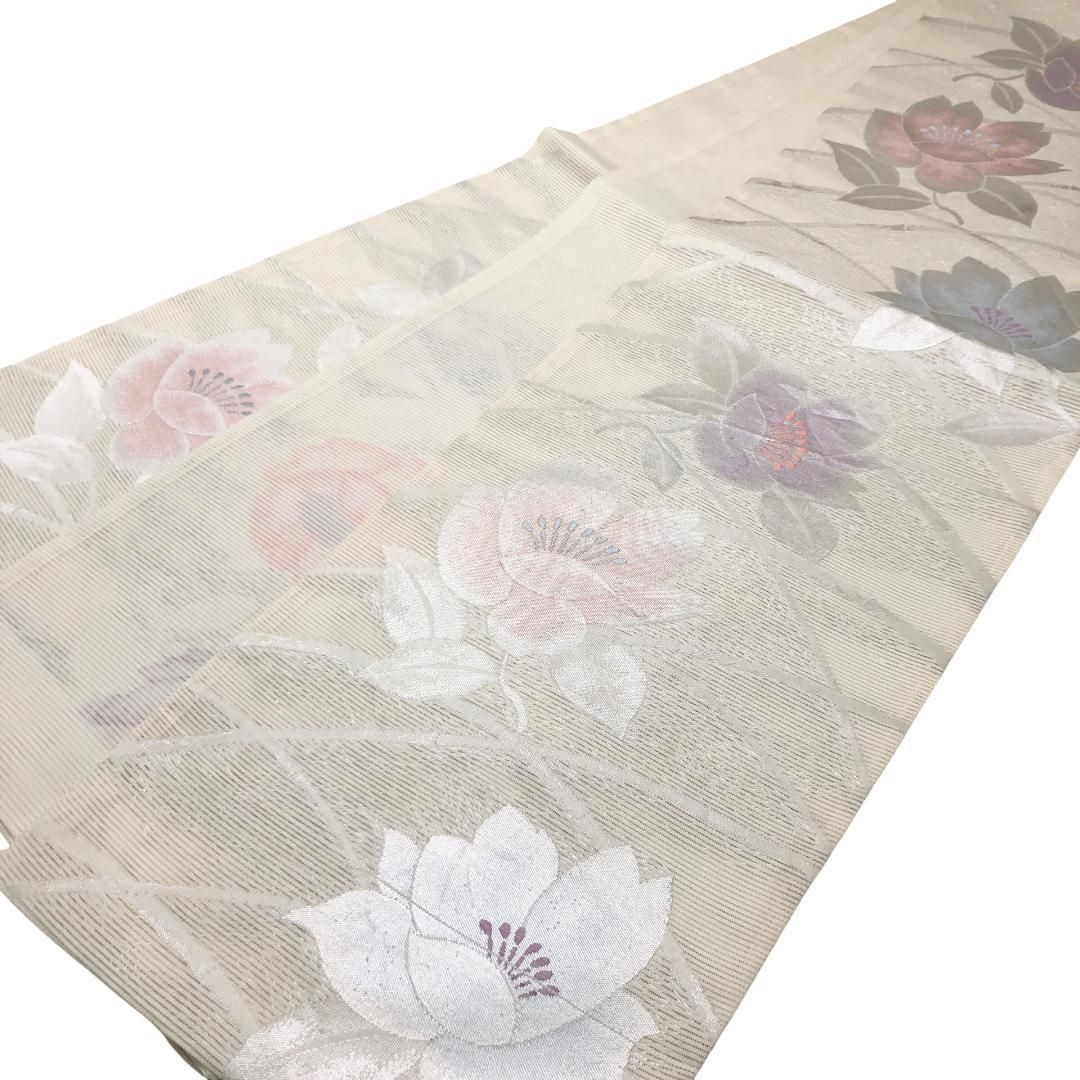 夏帯 袋帯 絽 流水に花模様 菖蒲 鳥 金銀糸 乳白色 O-3941