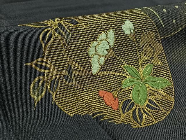 平和屋着物●訪問着　駒刺繍　雪輪吹き寄せ文　黒地　金彩　鬼しぼ縮緬　正絹　逸品　CAAR6530ze 平和屋着物○訪問着 駒刺繍 雪輪吹き寄せ文 黒地 金彩 鬼しぼ縮緬