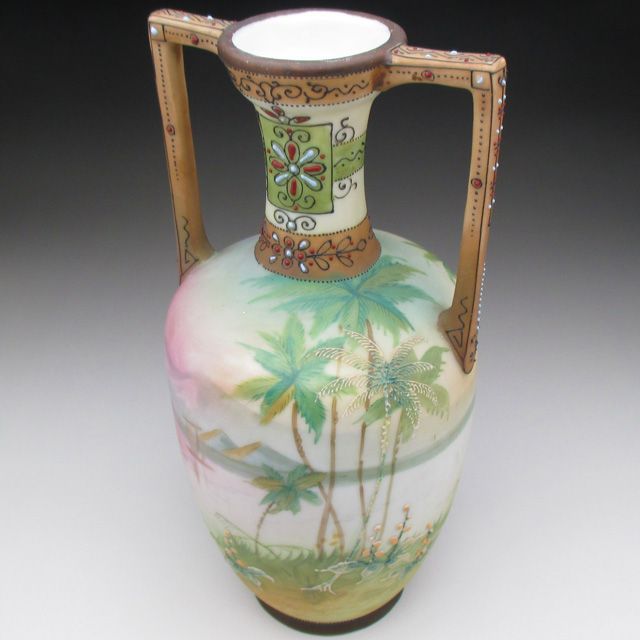 オールドノリタケ 金盛りエジプト風景絵 花瓶 25cm