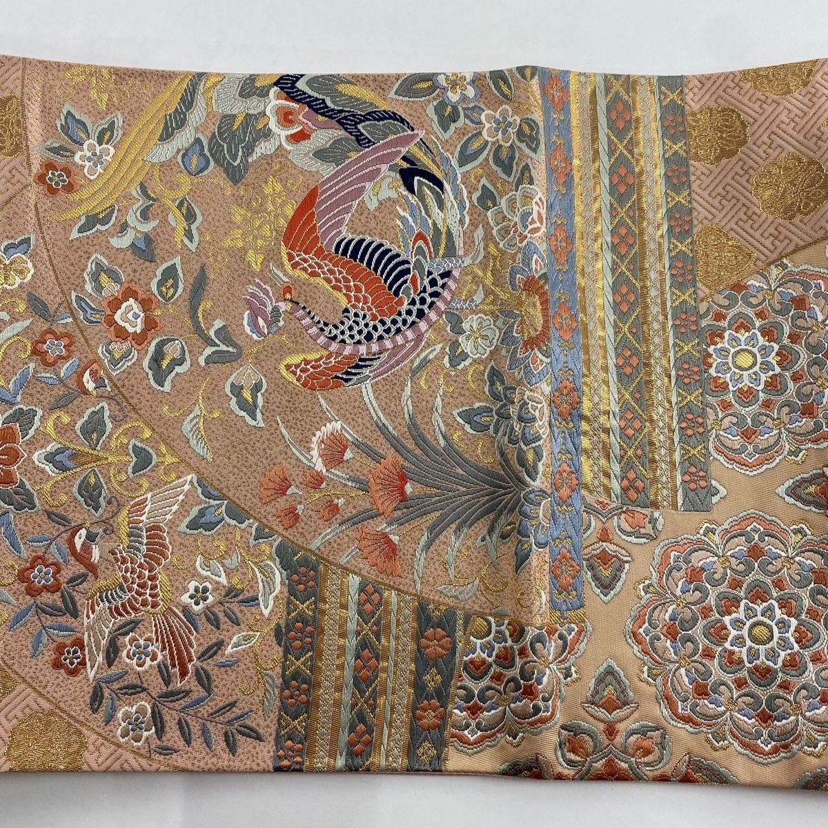 袋帯 美品 秀品 花喰い鳥 草花 刺繍 金糸 ピンク 六通 正絹 袋帯 美品 秀品 花喰い鳥 草花 刺繍 金糸 ピンク 六通 正絹