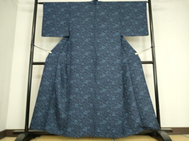 平和屋着物▽本藍 型絵染 小紋 単衣 更紗花文 正絹 逸品 DAAS0474az