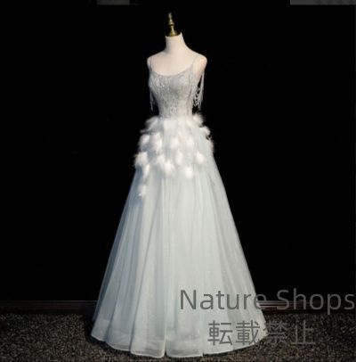 パーティードレス 結婚式 シフォン レース 袖なし キャミソールドレス ホワイト 二次会 ウェディングドレス 編み上げ 羽根デコレーション きらきら 上品 フリル Aライン フ ロングドレス 1301 wicp51