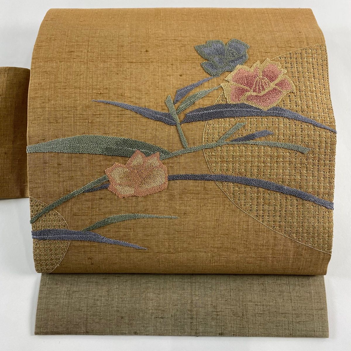 【中古品☆正絹】美品！夏用！紬生地！織り刺繍！名古屋帯 名古屋帯 中古 リサイクル 帯 仕立て上がり 正絹 九寸 小紋 紬