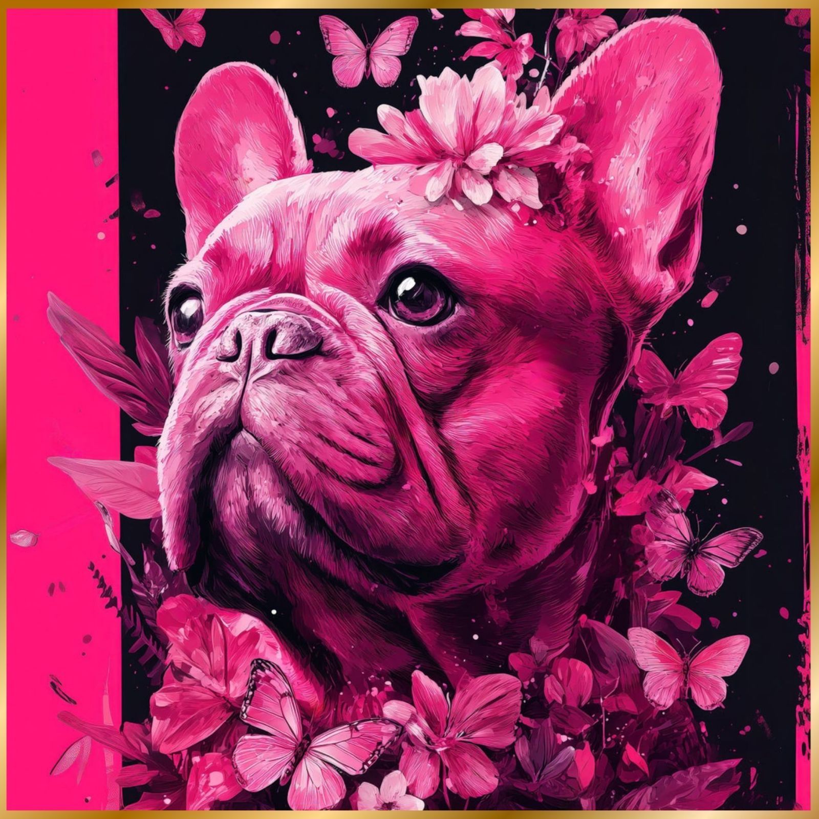 蝶よ花よ - フレンチブルドッグ犬 No.1 ピンク 犬の絵 犬のイラスト おしゃれ エレガント ゴージャス 豪華 インテリアアート ペットロス うちの子 記念日 アートポスター ギフト