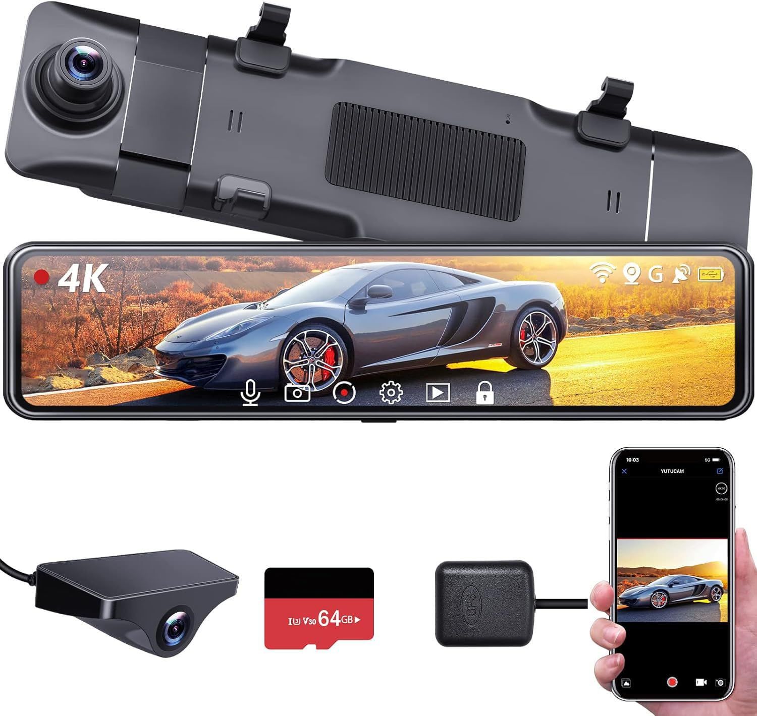 ドライブレコーダー ミラー型 ドラレコ 前後カメラ 前4K 後1080P w-ifi機能 GPS 内蔵 大容量64GBカード付属 HDR付 11インチ 前カメラ3cm伸縮式 タッチパネル FHD 暗視機能 24時間駐車監視機能 IPS液晶 ループ