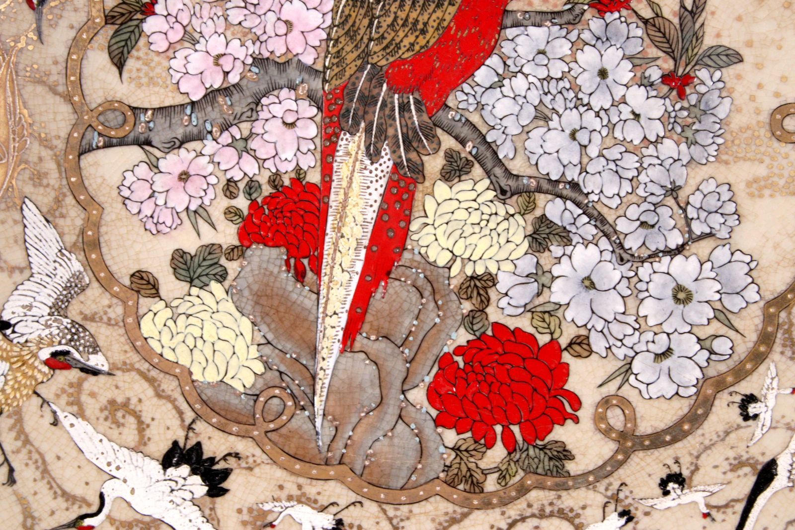 薩摩焼 金襴手 群鶴花鳥図鉢 40cm 箱付 唐物 骨董 古美術 楾