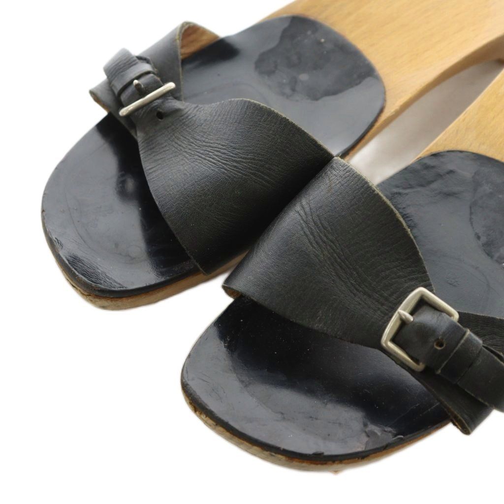 エルメス HERMES サンダル ヒール ウッド レザー 37 黒 ブラック