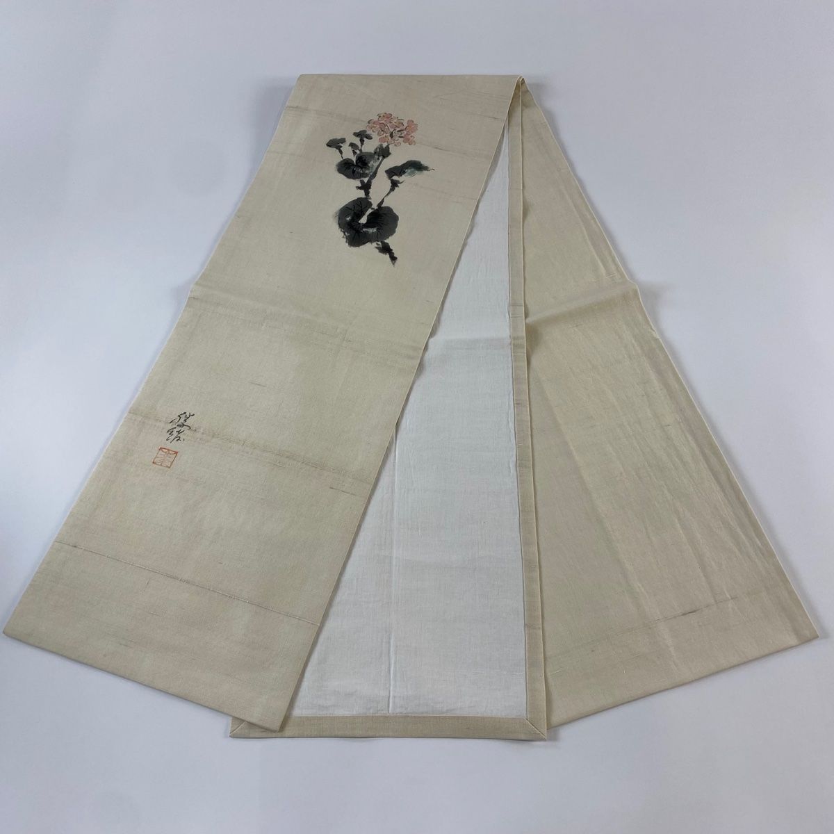 開き名古屋帯 秀品 落款 紬地 草花 ベージュ 正絹 【中古