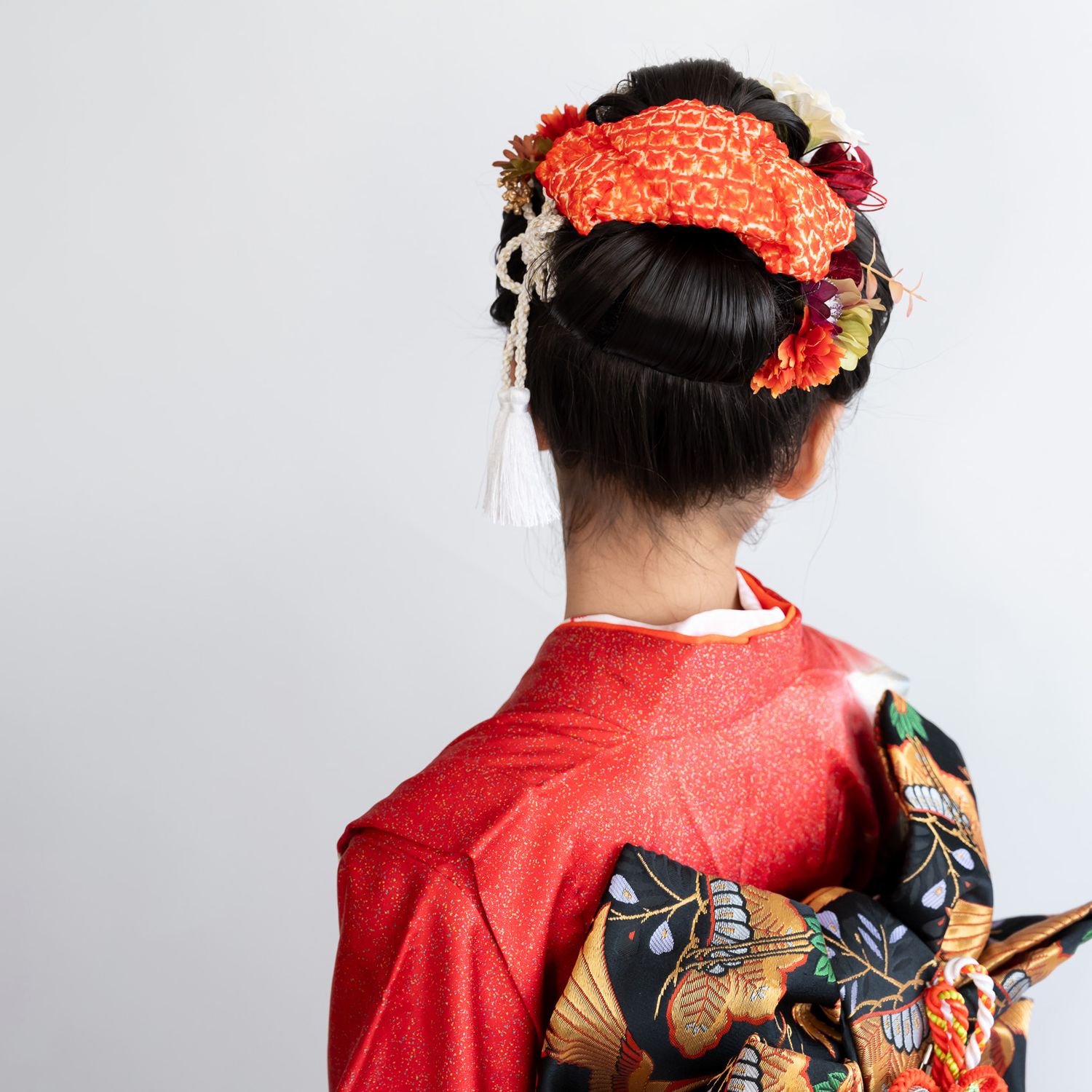 七五三7歳日本髪/ハーフ成人式振袖髪飾り赤A】ヘッドドレス＆水引き赤