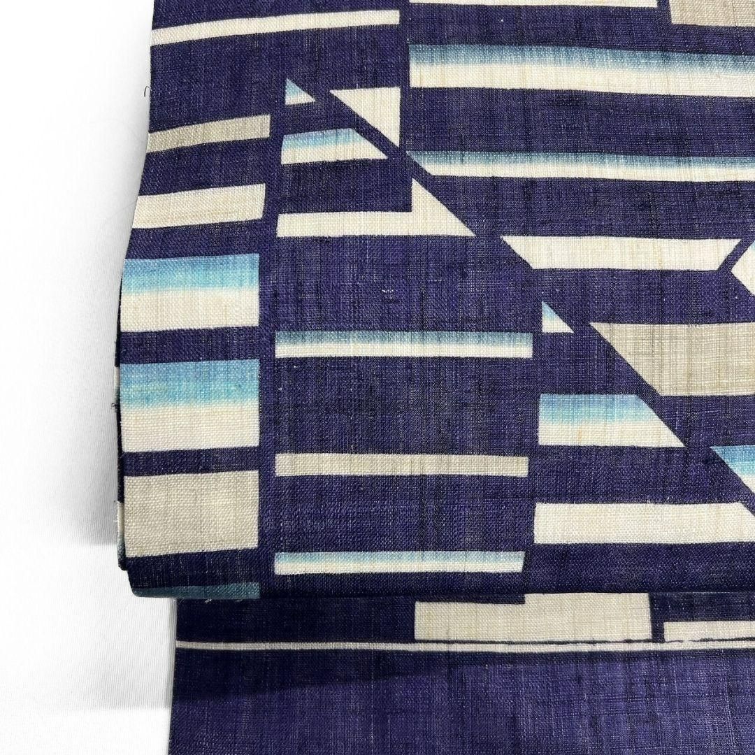 栗山吉三郎　本大麻帯　本場琉球紅型　藍染　作家もの　名古屋帯　着物　012a p 栗山吉三郎 本大麻帯 本場琉球紅型 藍染 作家もの 名古屋帯 着物 012a