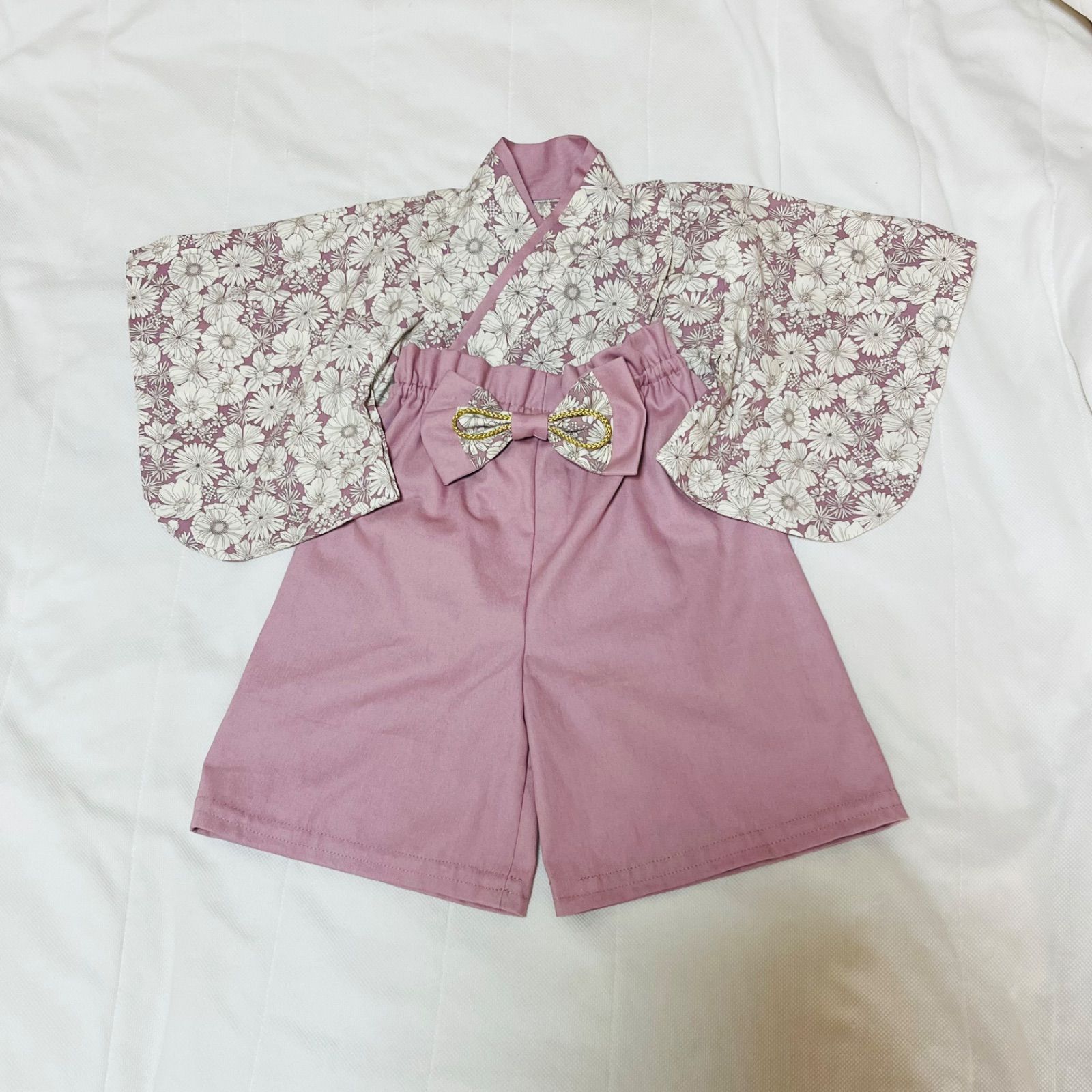 ベビー袴 ハンドメイド ベビー着物 スモーキーピンク 花柄 60 70 80 