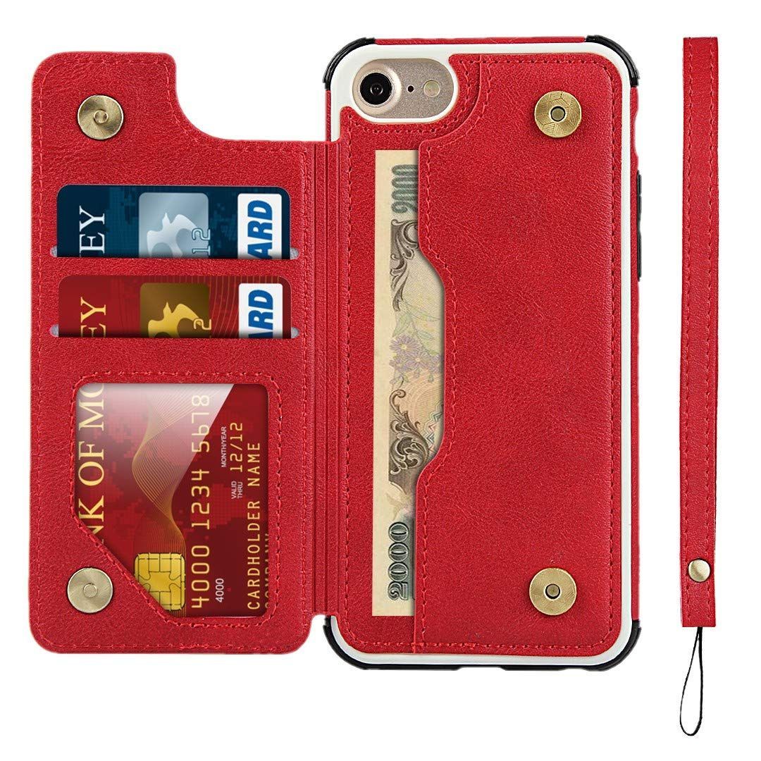 色は赤ですiPhone7 ケース 薄型 ICカード収納 TPU+レザー 赤