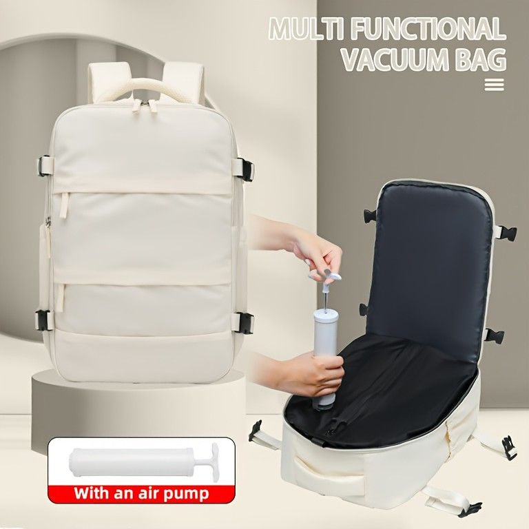 発送 真空圧縮 トラベルバックパック エアポンプ付属 17インチPC収納 超軽量ナイロン製 ビジネス出張 ジム 通勤に最適 ベージュ エアポンプ × 1