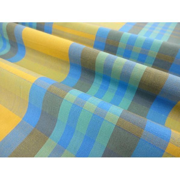 伊勢木綿 着物 反物 からし ブルー系 翁格子 No 24