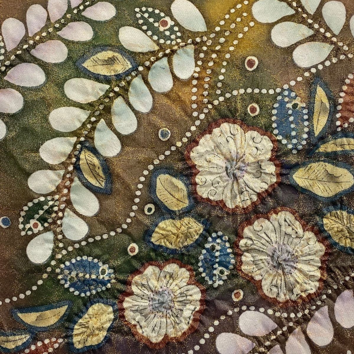 袋帯 美品 名品 落款 辻が花 金糸 箔 茶色 お太鼓柄 正絹 【中古