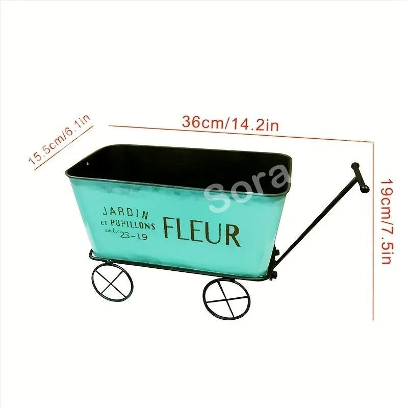 プランター 鉢 植木鉢 台車デザイン レトロ ヴィンテージ風 フラワーポット おしゃれ かわいい インテリア 北欧 金属製 英字 ロゴ アンティーク調 ミントグリーン カート ガーデニング 多肉植物 花 寄せ植え 屋外 庭 ガーデン 室内 玄関 ベランダ