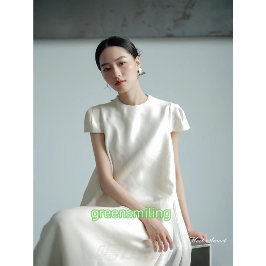 ウェディングドレス ロングドレス スレンダーライン 半袖 シンプル 韓国風 二次会 結婚式 前撮り 花嫁 ウエディングドレス サテン 挙式 ブWP数量 価格926