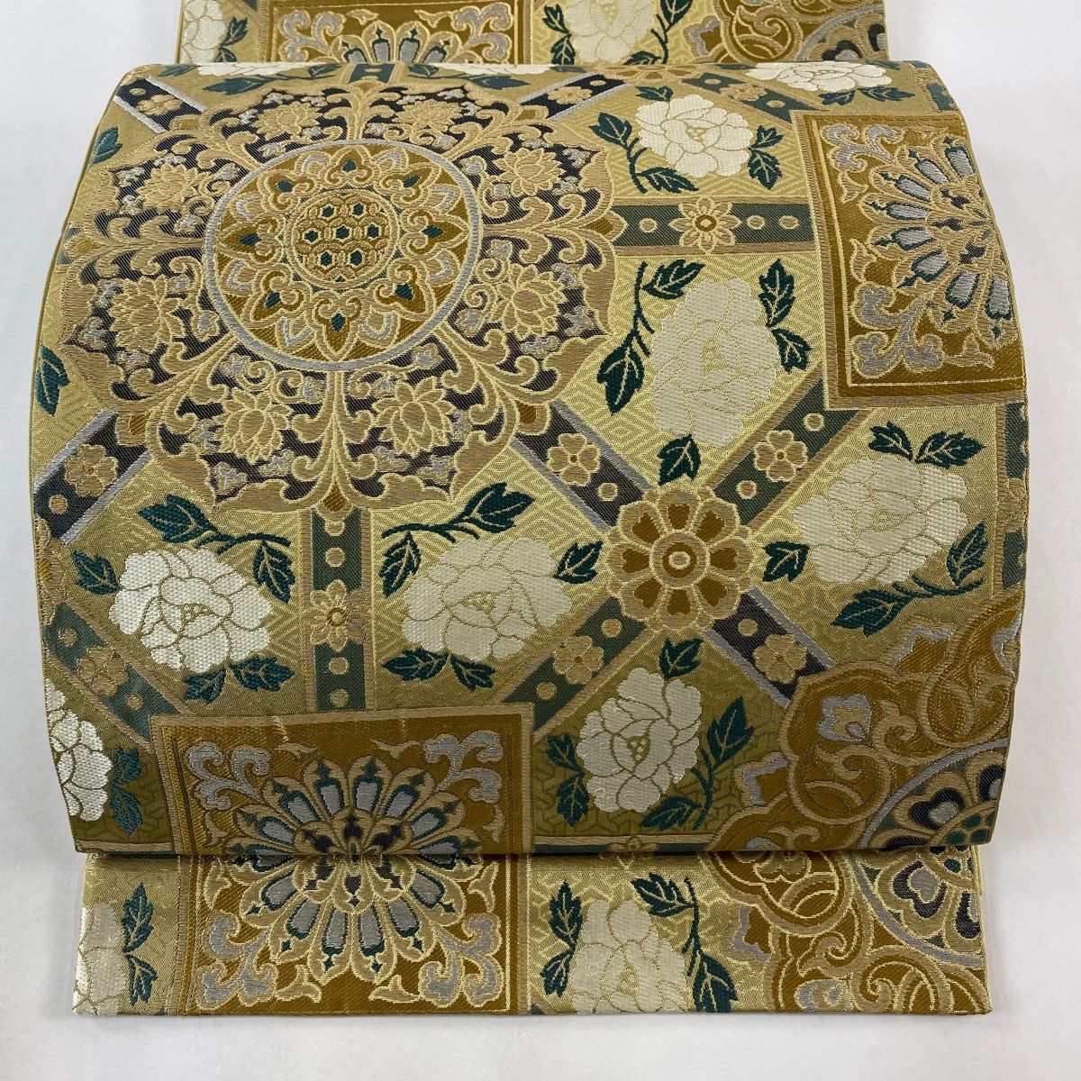 袋帯 秀品 唐草正倉院文 花唐草 箔 黄土色 六通 正絹 【中古】 袋帯 六