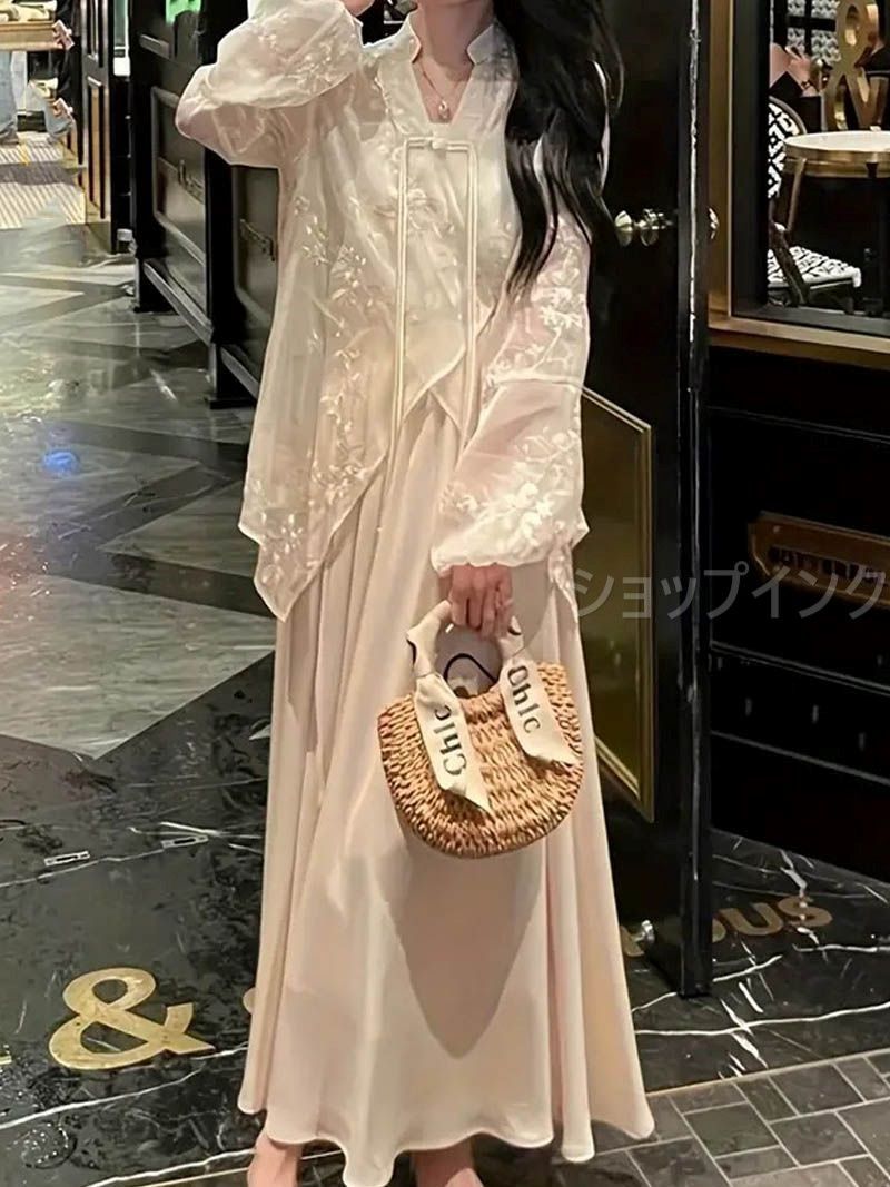 セットアップ レディース 上下セット ワンピース ロングスカート お洒落 薄手 刺繍シャツ シフォン 長袖シャツ ゆったり 体型カバー