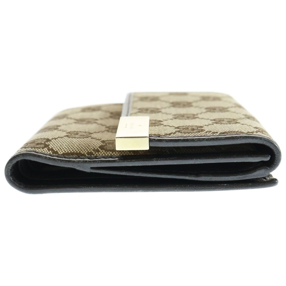 GUCCI (グッチ) GGキャンバス レザー ロゴプレート コンパクトウォレット 二つ折り財布 ゴールド金具 ベージュ/ブラウン ...