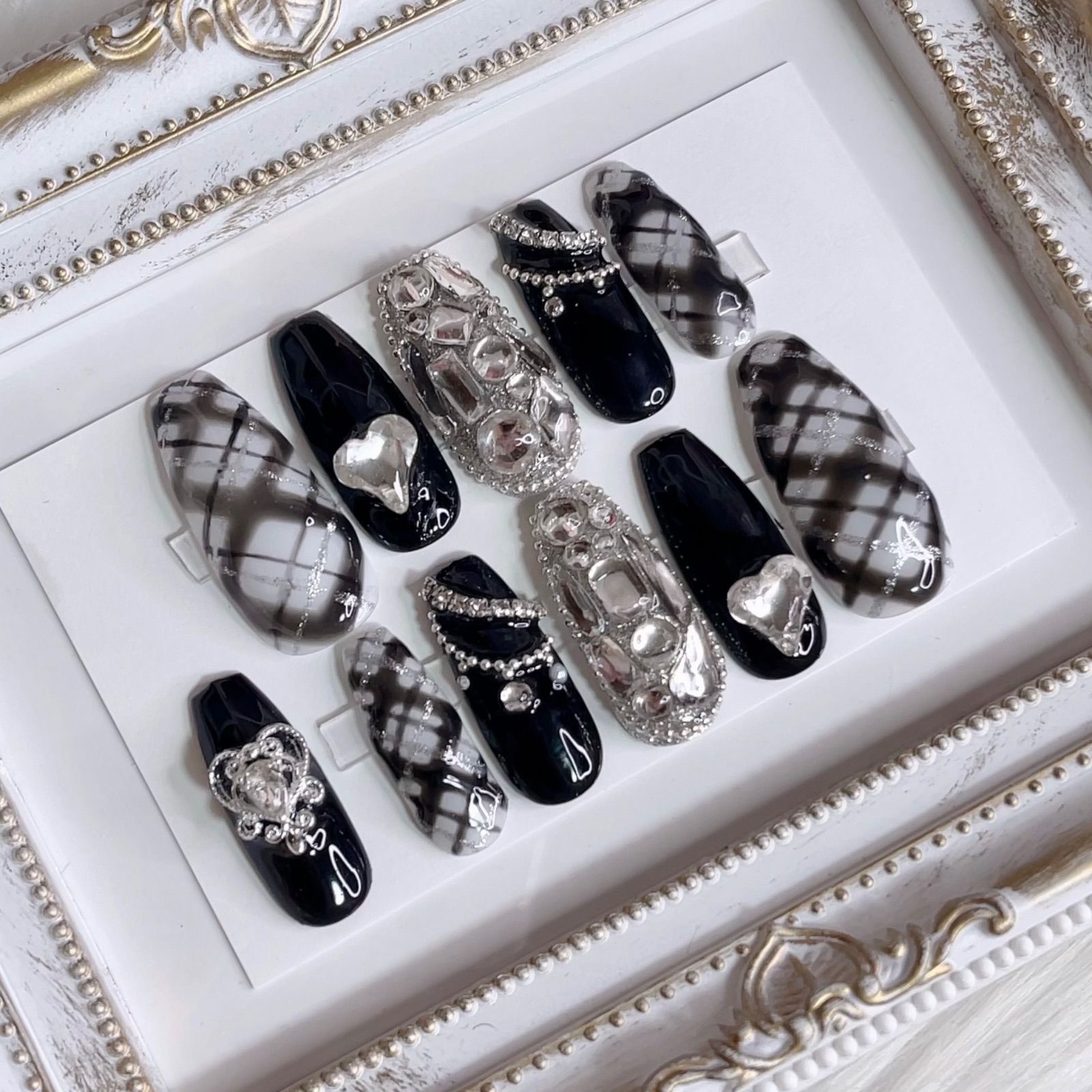 ネイルチップ ワンホン 韓国 推し ツイード フレンチ 埋めつくし ハート ネイルチップ ワンホン 韓国 推し ツイード フレンチ 埋めつくし