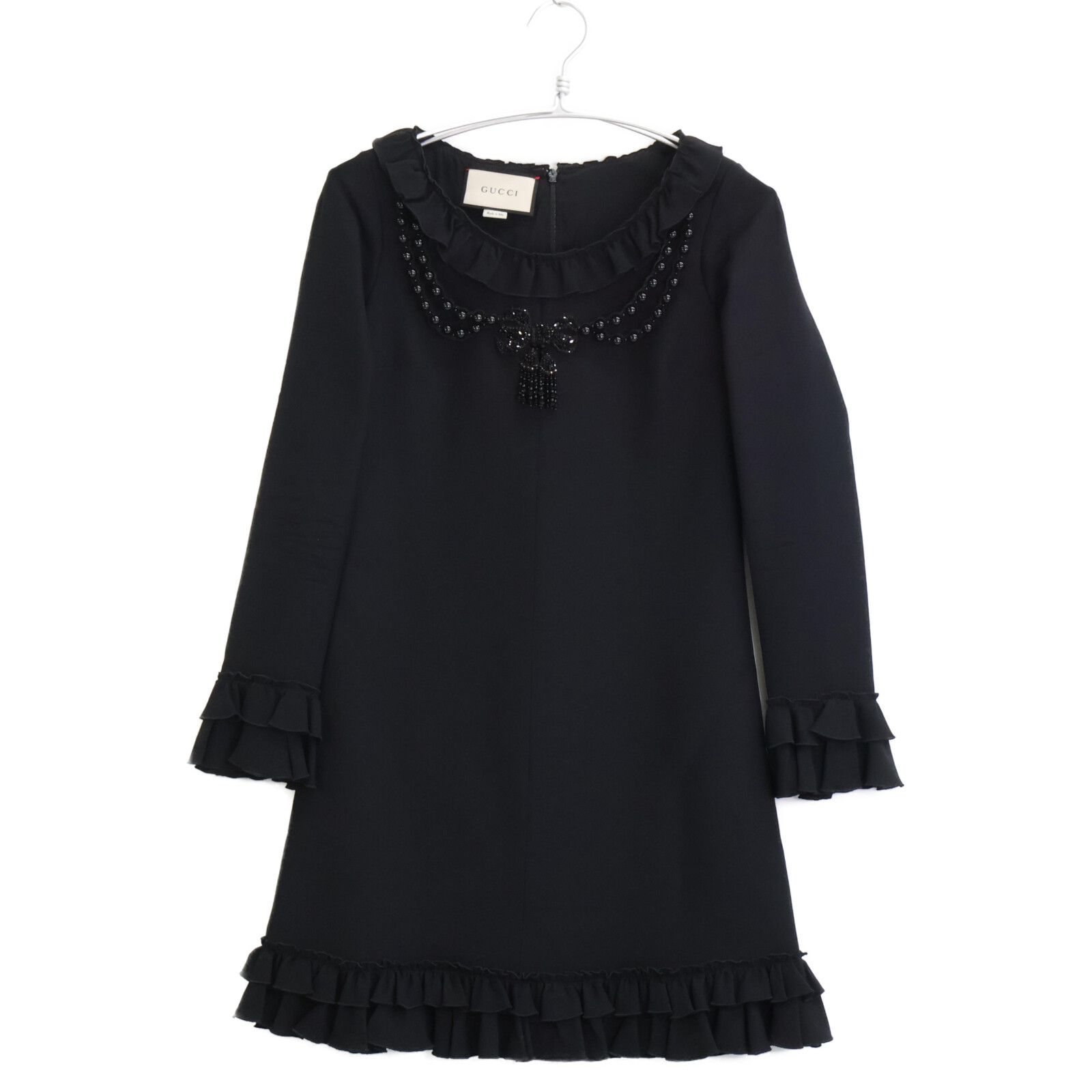 GUCCI フリル付き黒ワンピース グッチ GUCCI ワンピース ジャージー 黒 アイボリー M 長袖 ひざ