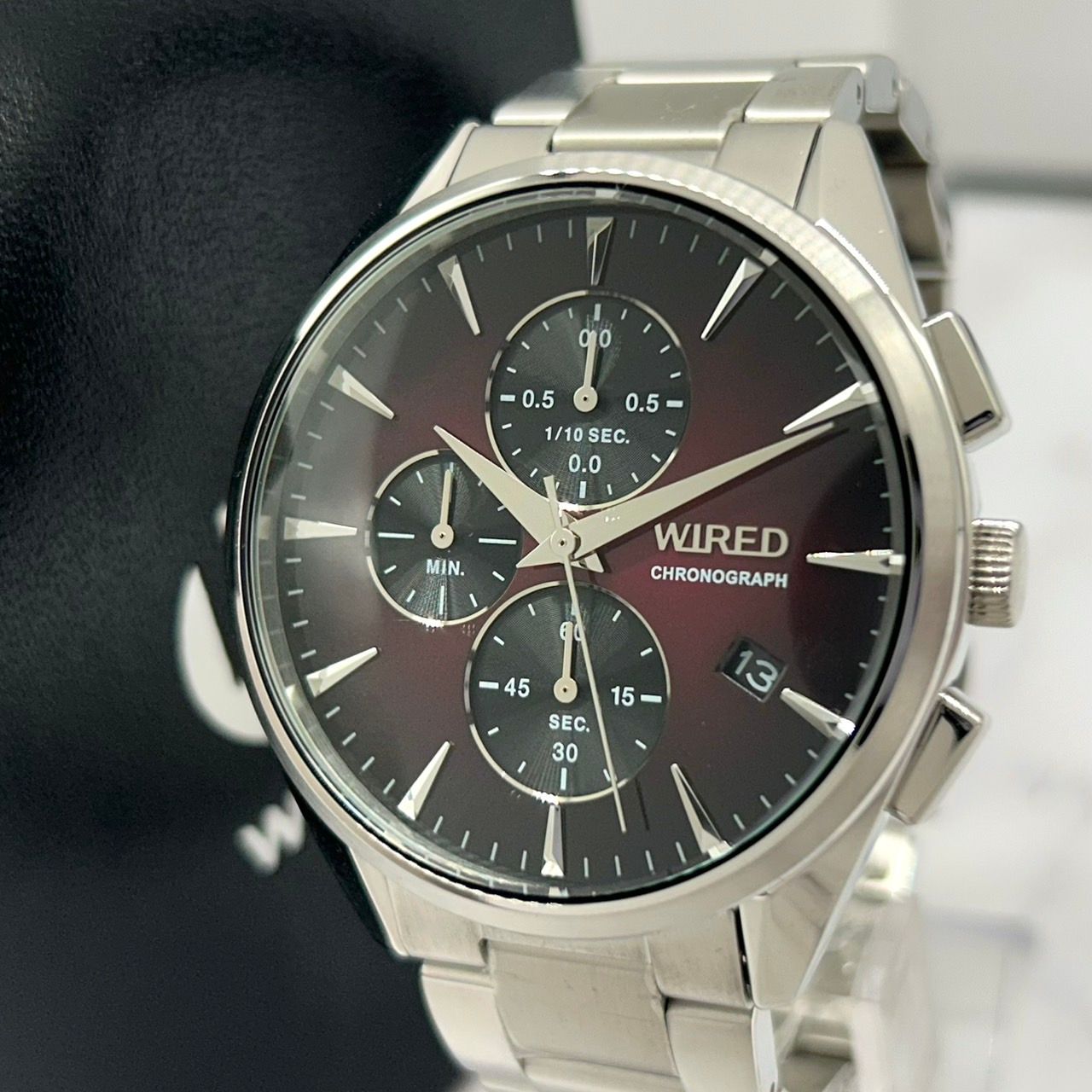 電池交換済 ワイアード WIRED 腕時計 メンズ クロノグラフ VD57-KBH0 クオーツ ステンレススチール シルバー ワインレッド文字盤 10気圧防水 カレンダー デイト表示 クラシック エレガント クリーニング済み 動作良好 G