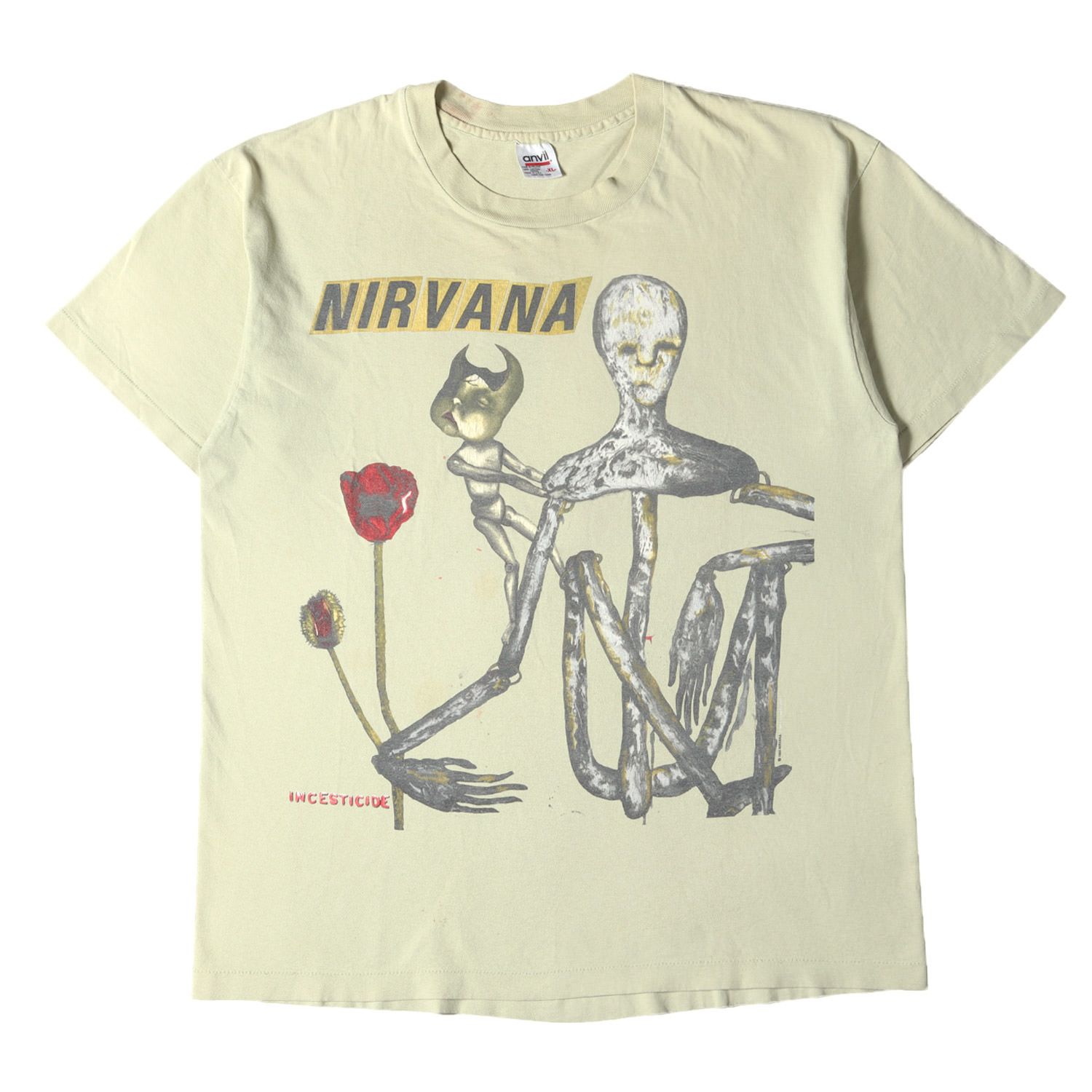 90s NIRVANA INCESTICIDE ニルヴァーナ インセスティサイド クルーネック 半袖 Tシャツ anvil USA製 ベージュ系 XL  バンドT ロックT 古着 ヴィンテージ