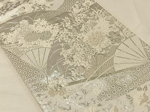 平和屋着物◎六通柄袋帯 唐織 美保姿 扇面花車文 銀糸 正絹 逸品