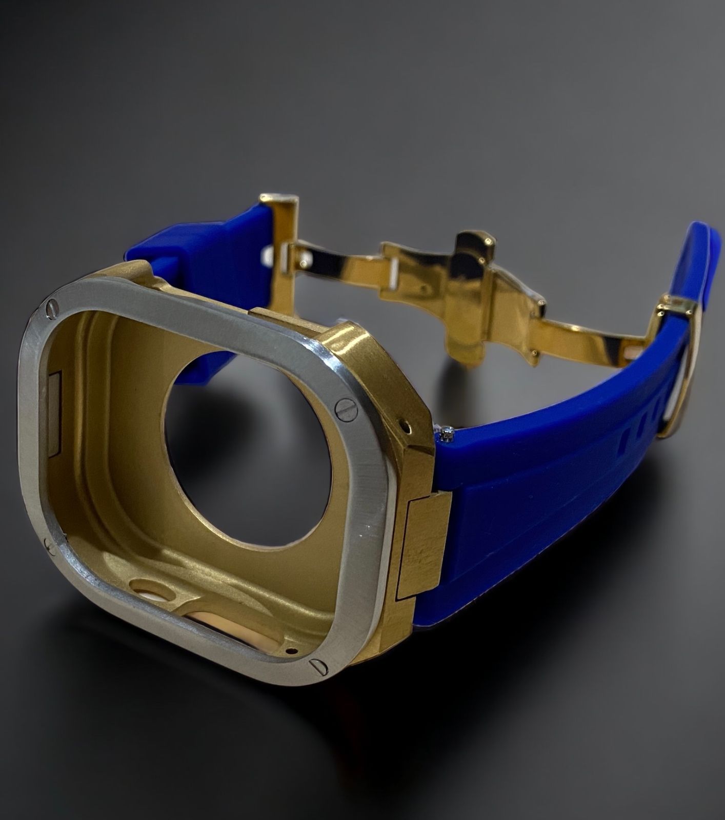 ロイヤルブルー×シルバーゴールド 49mm apple watch ultraアップルウォッチラバーメタルカバーセット ウルトラ 49ミリ用 カスタム ultra2