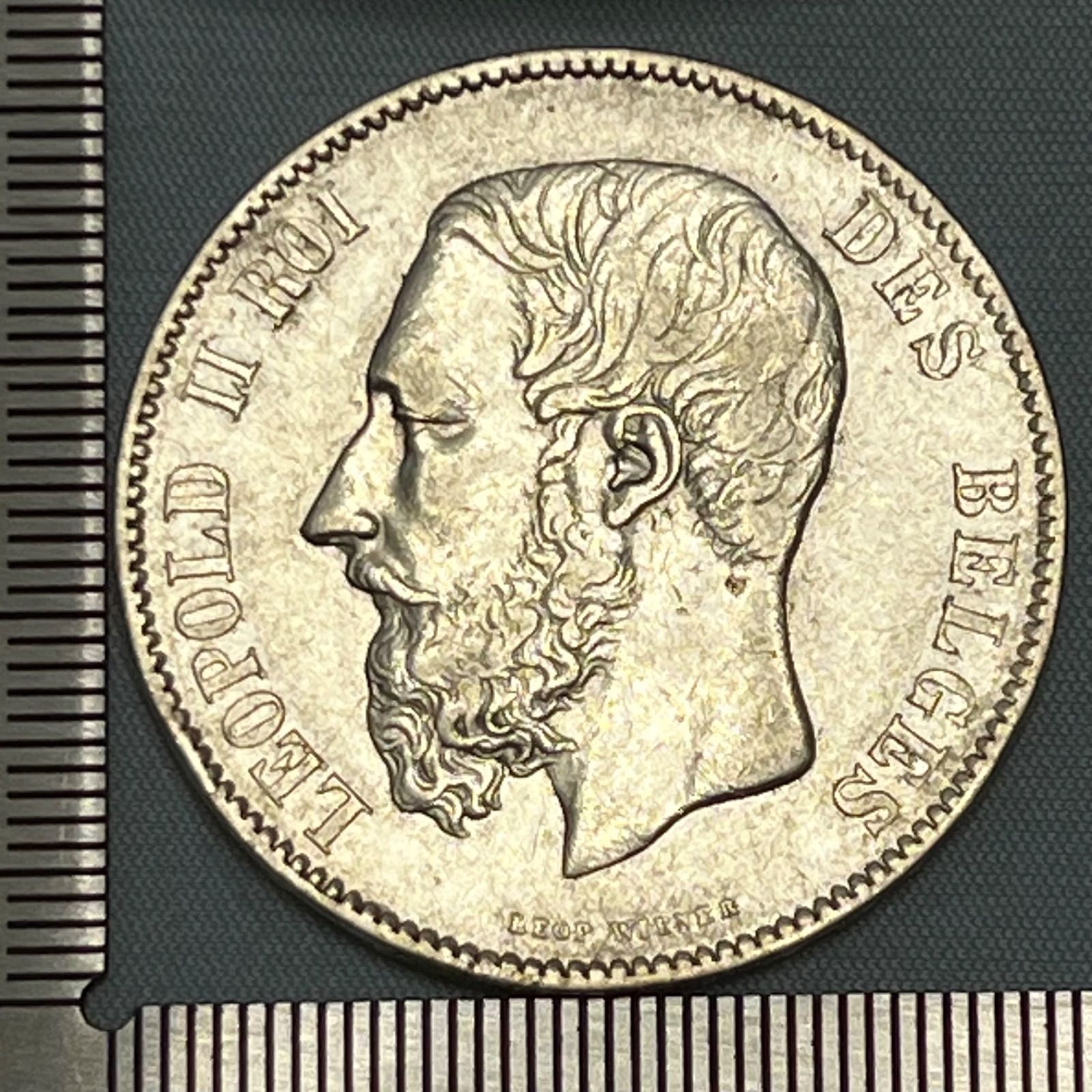 銀貨 1873年 ベルギー ルイポルド2世 5フラン銀貨 Leop II Roi des Belges ライオン紋章クラウン銀貨 370