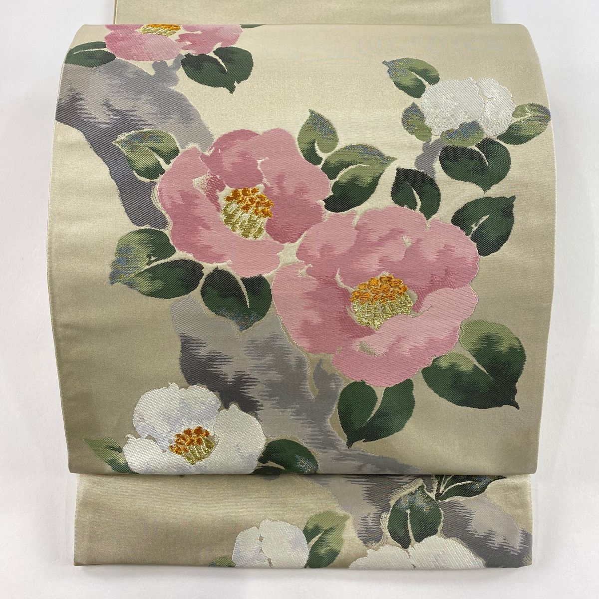 袋帯 秀品 景年の椿 椿 箔 金糸 灰緑 六通 正絹