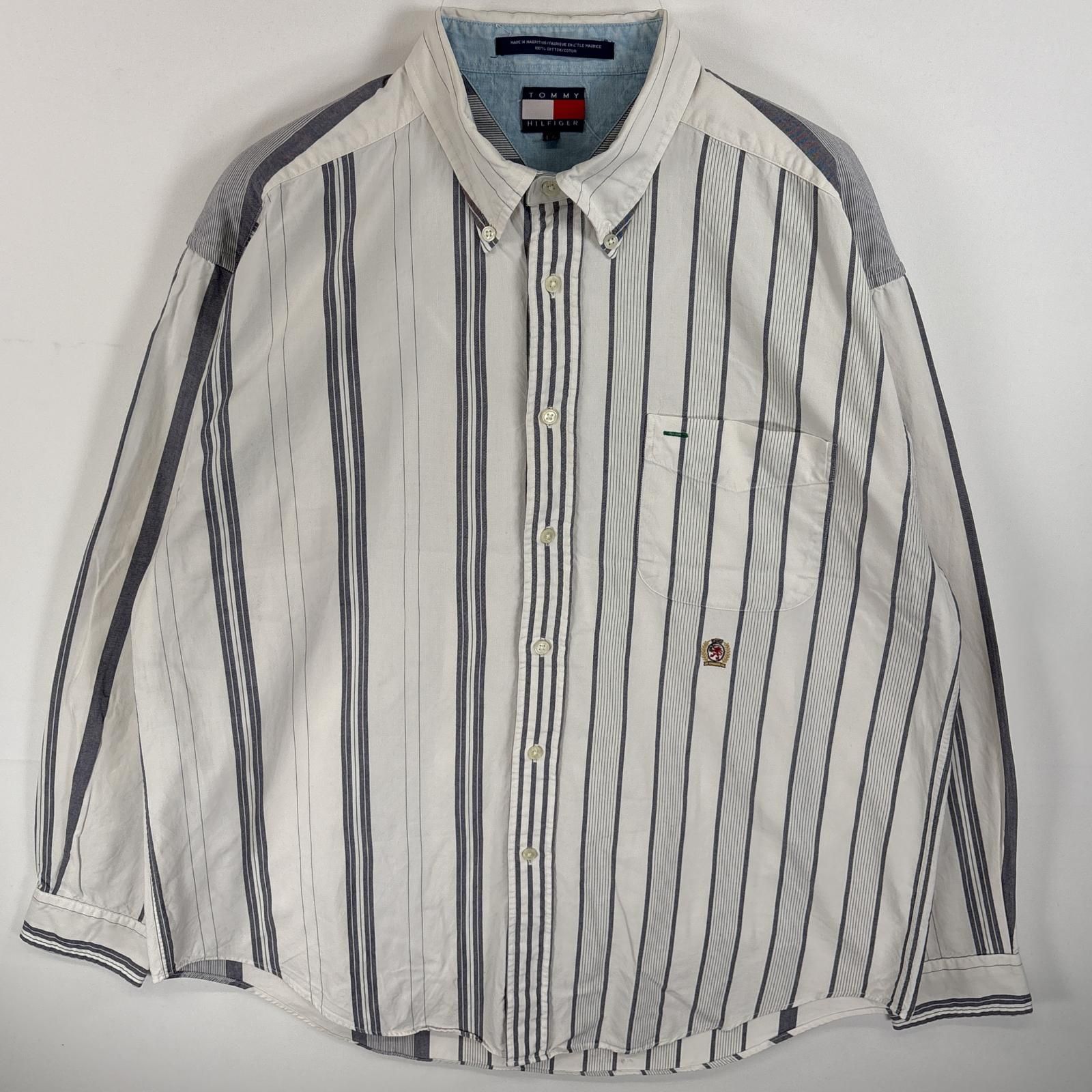 古着 90's/90年代 トミーヒルフィガー TOMMY HILFIGER 長袖シャツ ボタンダウンシャツ ワンポイント 刺繍 ロゴ 胸ポケ L  ホワイト系 ストライプ メンズ