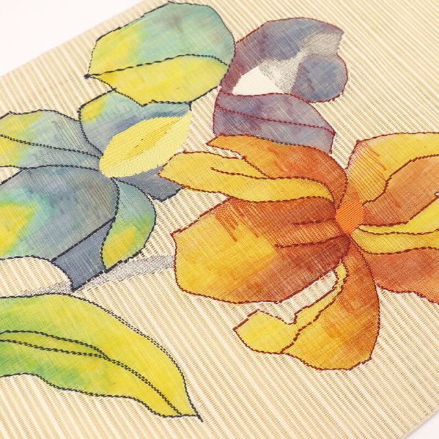A 菖蒲の花模様 銀糸 薄黄色 太鼓 正絹 薄物 夏用 絽 紗 開仕立て名古屋帯 A 菖蒲の花模様 銀糸 薄黄色 太鼓 正絹 薄物 夏用 絽 紗 開