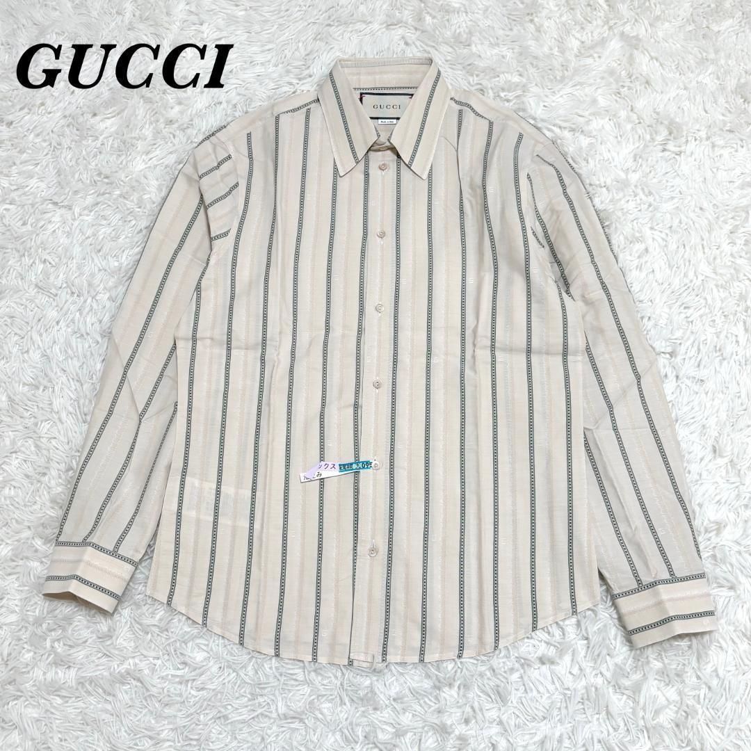 【美品】GUCCI グッチ　ストライプ　ドレスシャツ 15 　ベージュ 美品】GUCCI グッチ ストライプ ドレスシャツ 15 ベージュ 【公式通販】