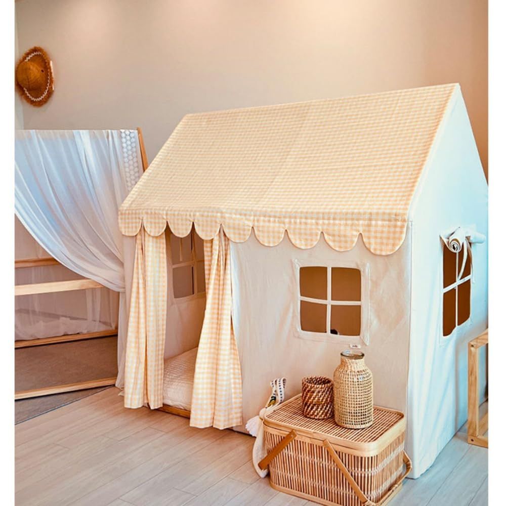 プレイテント 子供用テント 子供用キャンバスプレイハウス 幼児用室内ベッドテント 男の子と女の子のためのおもちゃ 幼稚園 foke 親子部屋 茶色のグリッドテント