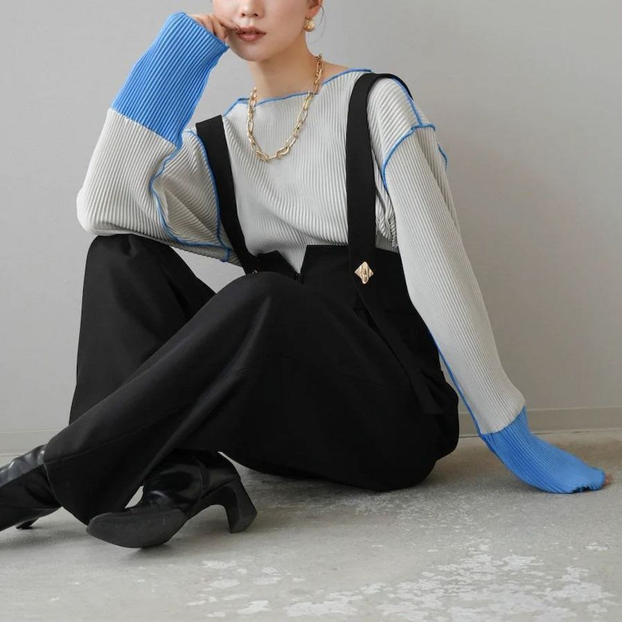 Lumier 配色プリーツボートネックトップス グレーブルー ゴールドボタンサスペンダーワイドパンツ 2set 管理番号 684