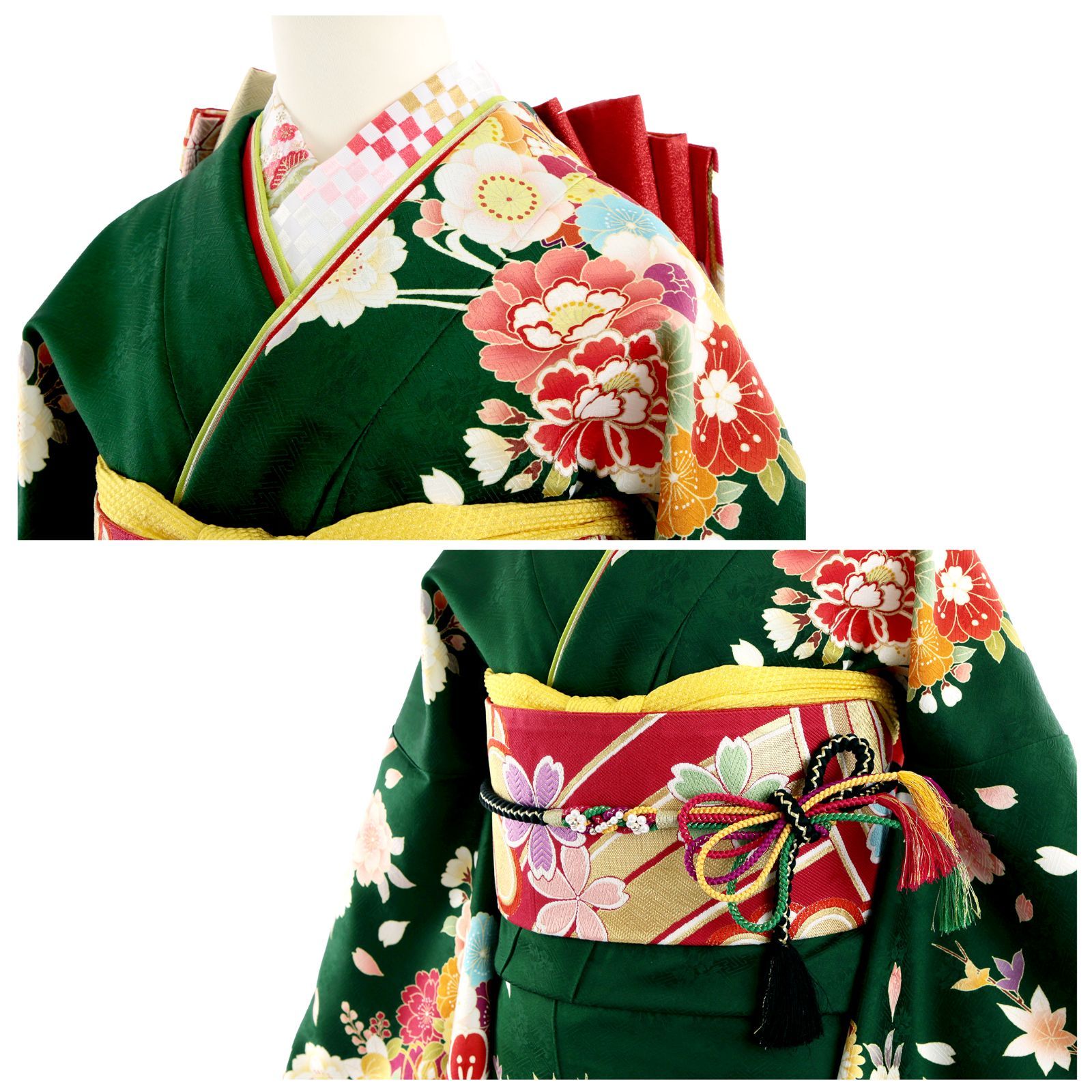 振袖 振袖フルセット 振袖セット USED振袖 中古 緑 古典柄 鞠 熨斗 7点