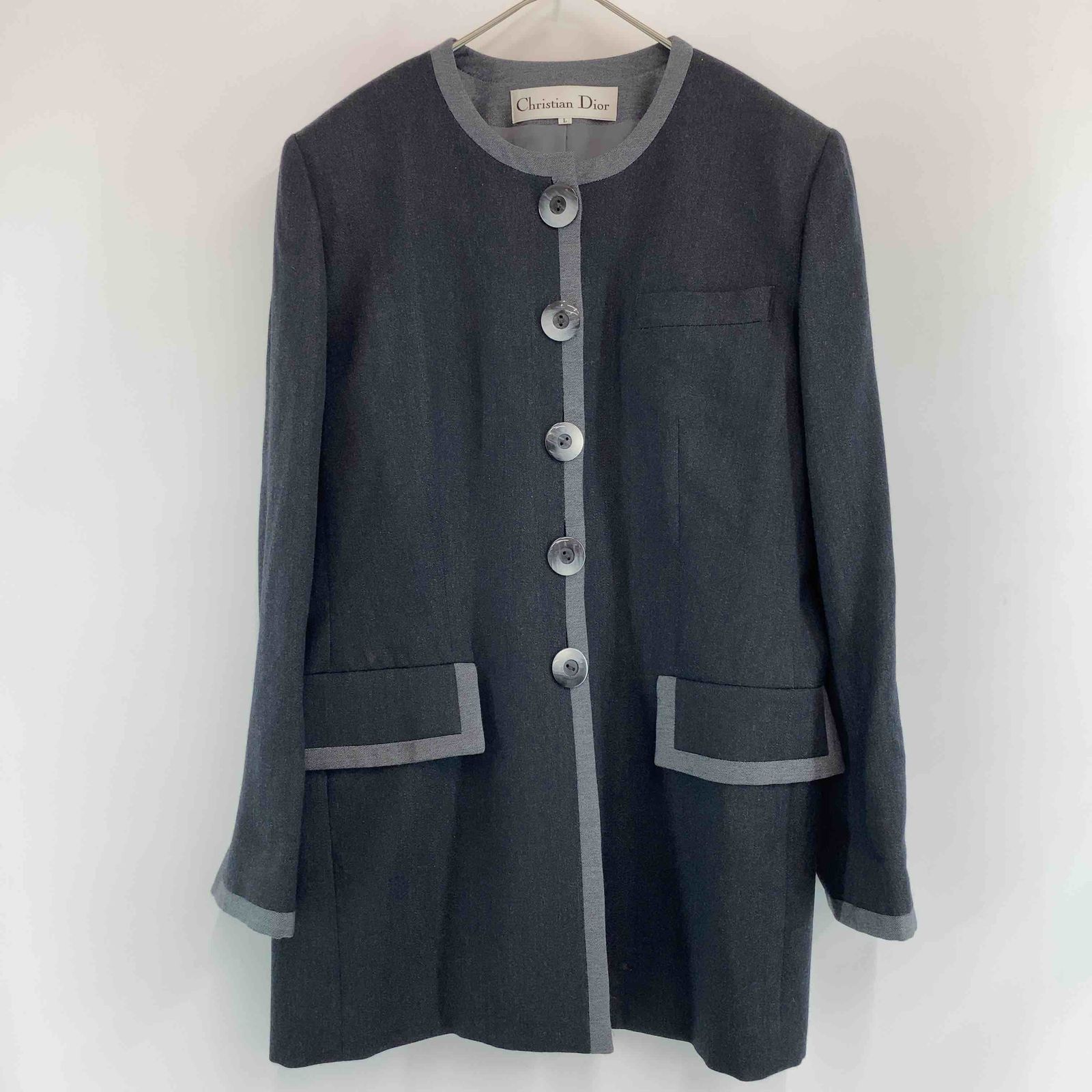 クリスチャンディオール ノーカラージャケット ヘリンボーン ボタン