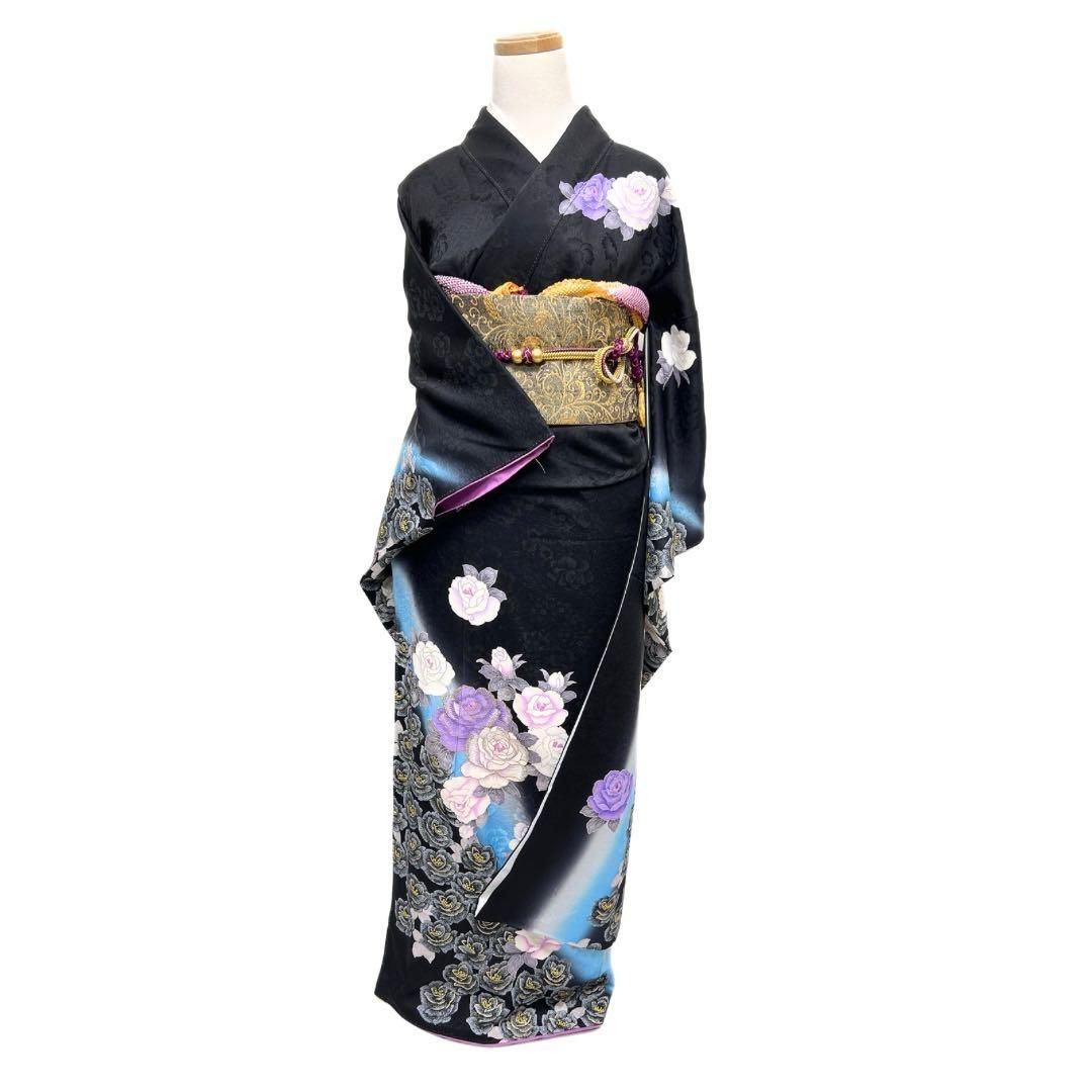 振袖 薔薇 刺繍 金彩 ぼかし染め 黒地 成人式 着物 093a d - メルカリ