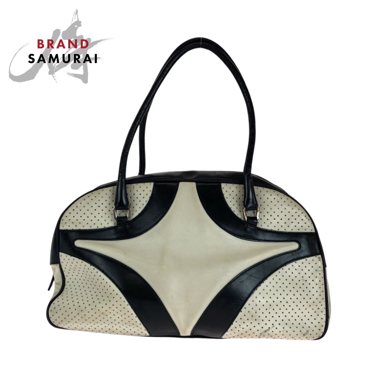 PRADA プラダ ロゴ ホワイト ブラック シルバー金具 レザー ボストン