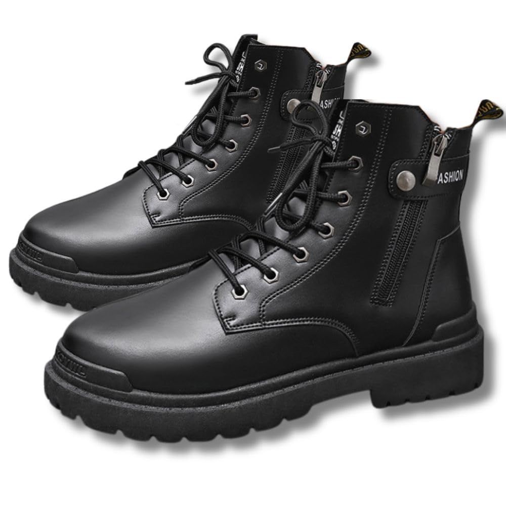[MORASTYLE] バイクブーツ メンズ ショート ブーツ ライダー サイドジップ 厚底 黒 26 登山 編み上げ シューズ アウトドア PUレザー 御洒落 エンジニア (ブラック， 26.0 cm) [ブラック] [26.0 cm]