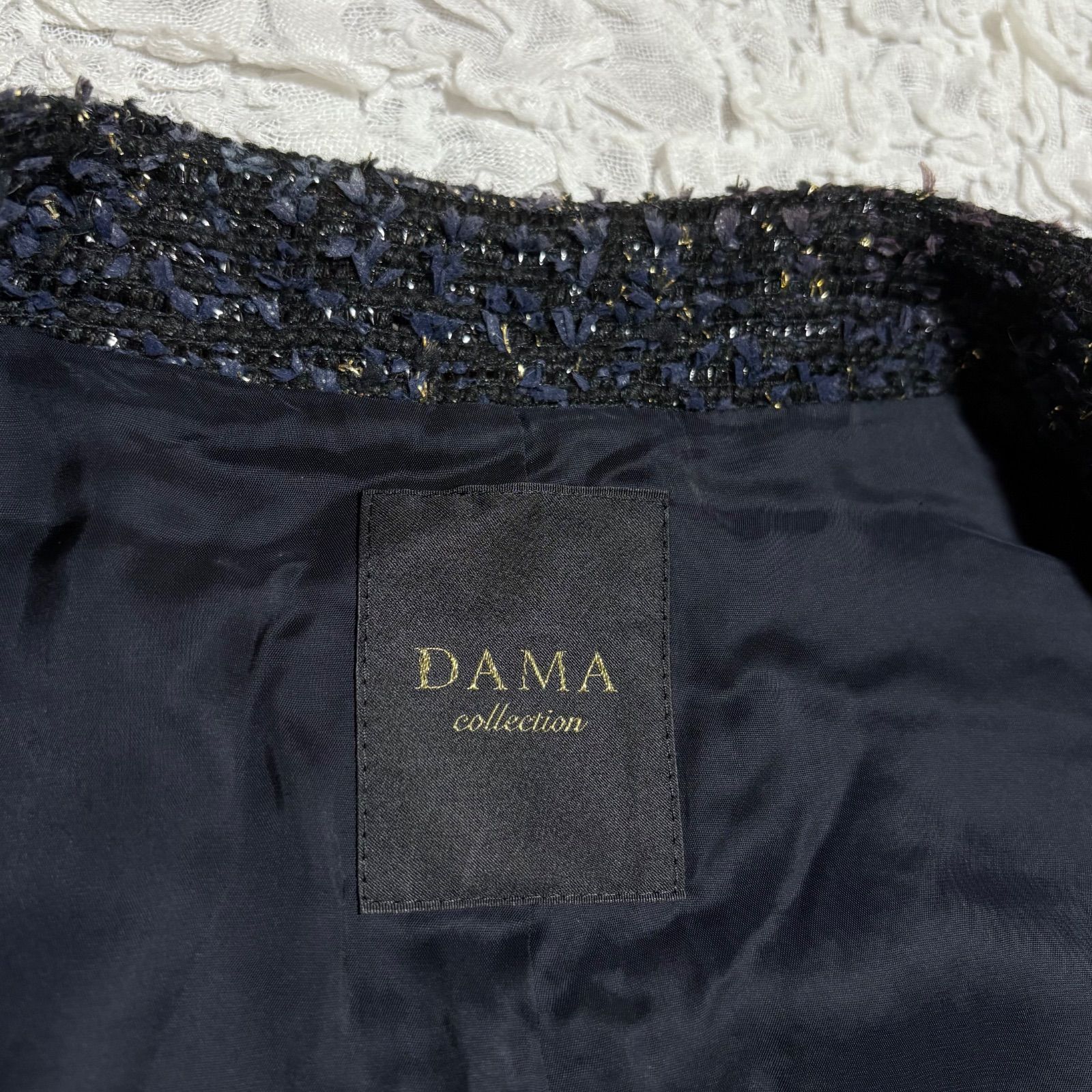 DAMA collection ダーマコレクション ラメ ツイード ダブル ジャケット 金ボタン スキッパー デザイン フ ノーカラー M ネイビー ＊フォロー割対象品 5%offさせて頂きます NICORILABO_COM