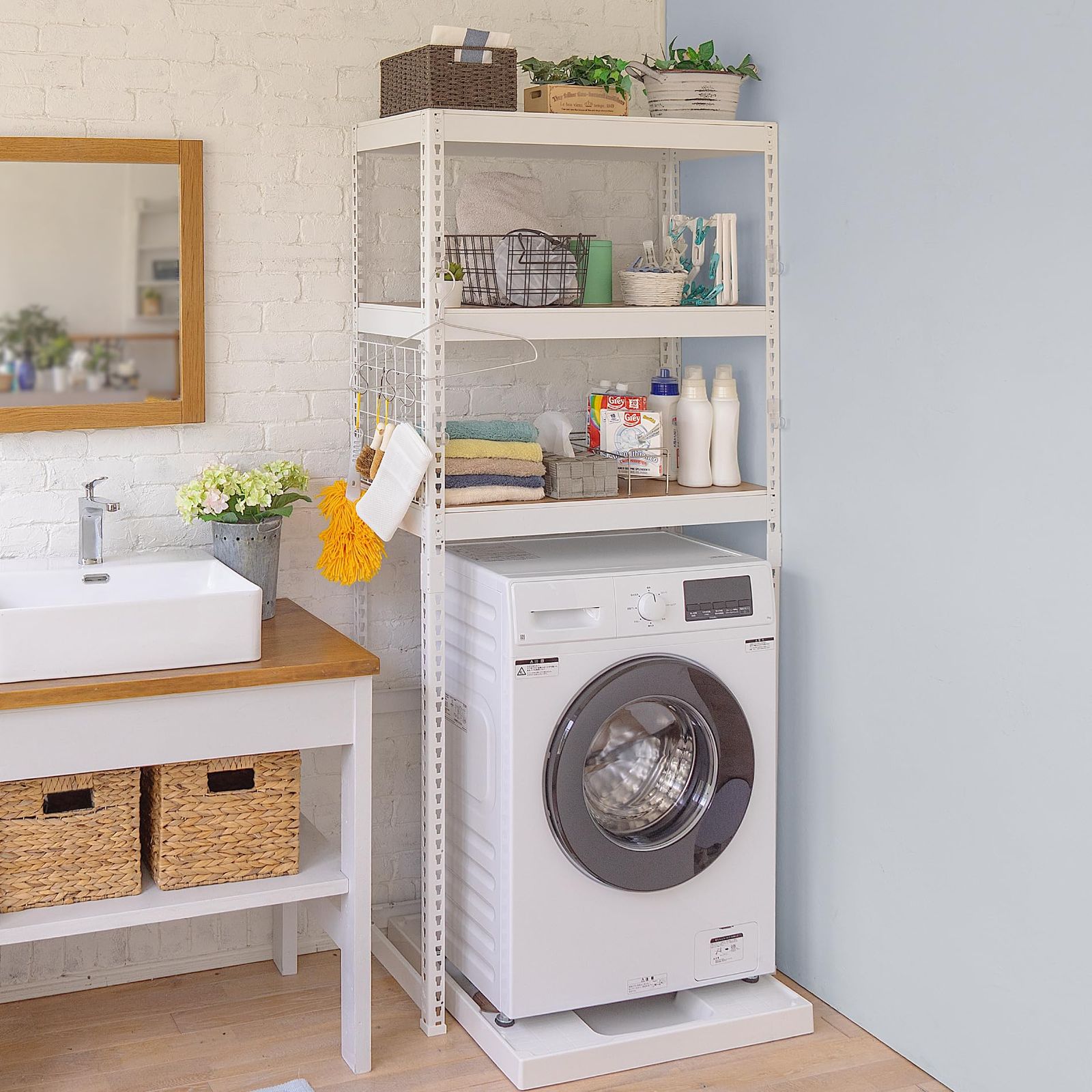 ドリームウェア ランドリーラック 頑丈 総耐荷重150kg 棚板リバーシブル 選べるサイド フラット サイドバー サイドパネル フック ハンマー付き 幅82×奥行44×高さ180cm メタル-ウッドラック 組立品 ホワイト 白 MK-AL8