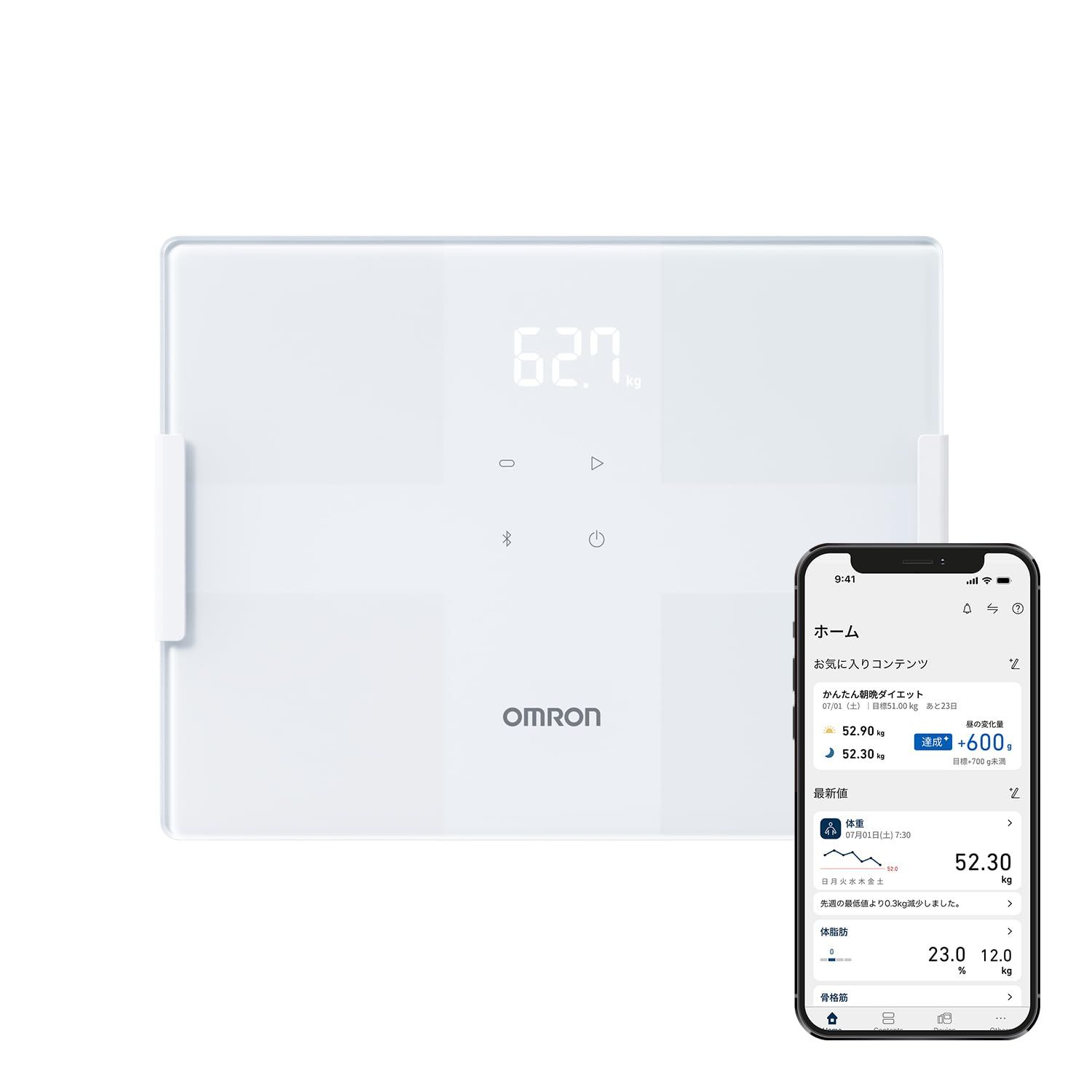 オムロン 体重 体組成計 カラダスキャン ホワイト KRD-503T-W スマホ連動 データ自動転送 自動認識 乗るだけで測定開始 内臓脂肪レベル 体脂肪率 BMI 骨格筋率 透明電 モデル ホワイト
