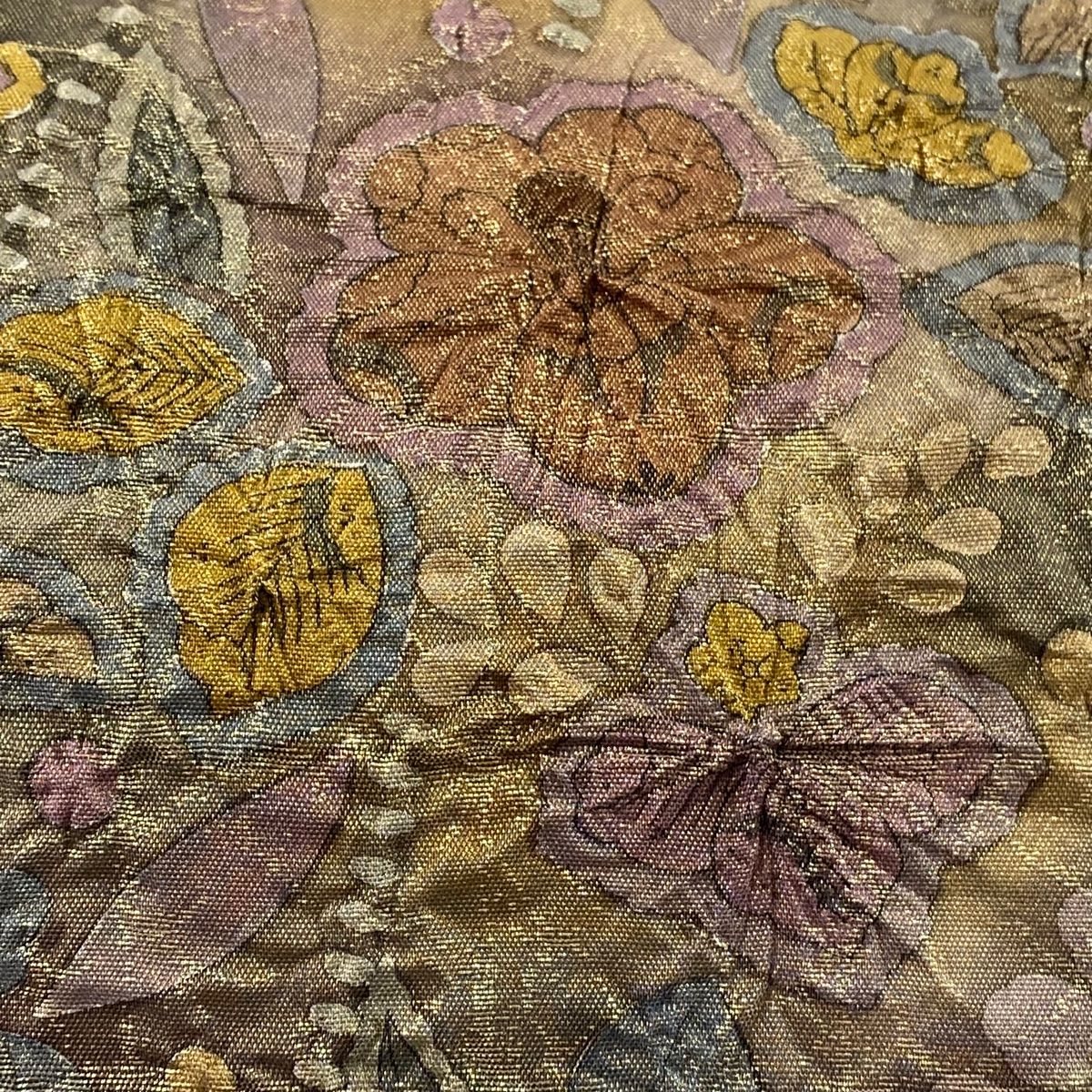 袋帯 美品 名品 落款 椿 蝶 金糸 箔 金茶 お太鼓柄 正絹 【中古