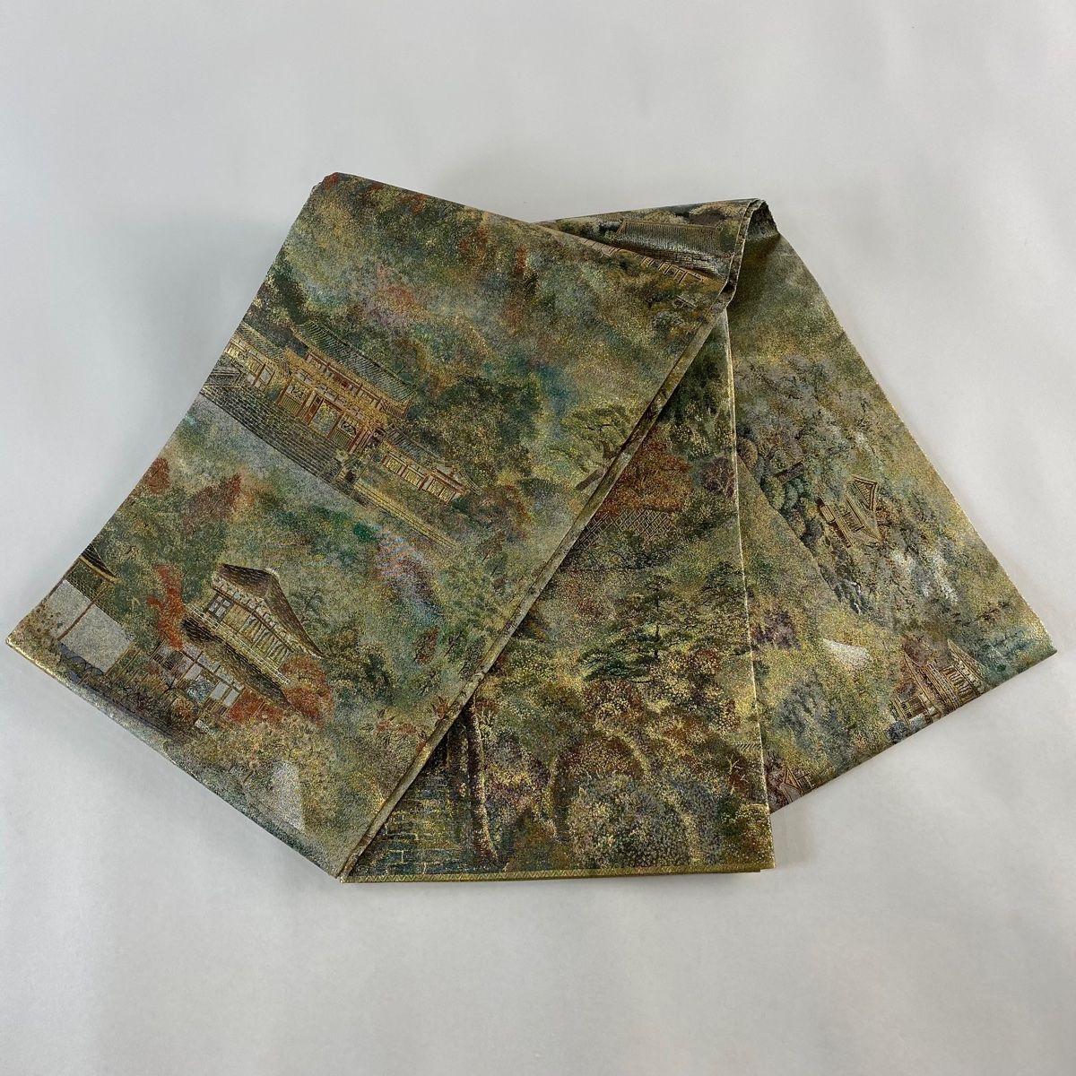 丸帯 美品 逸品 京の四季 建物 樹木 箔 金色 六通 正絹 【中古