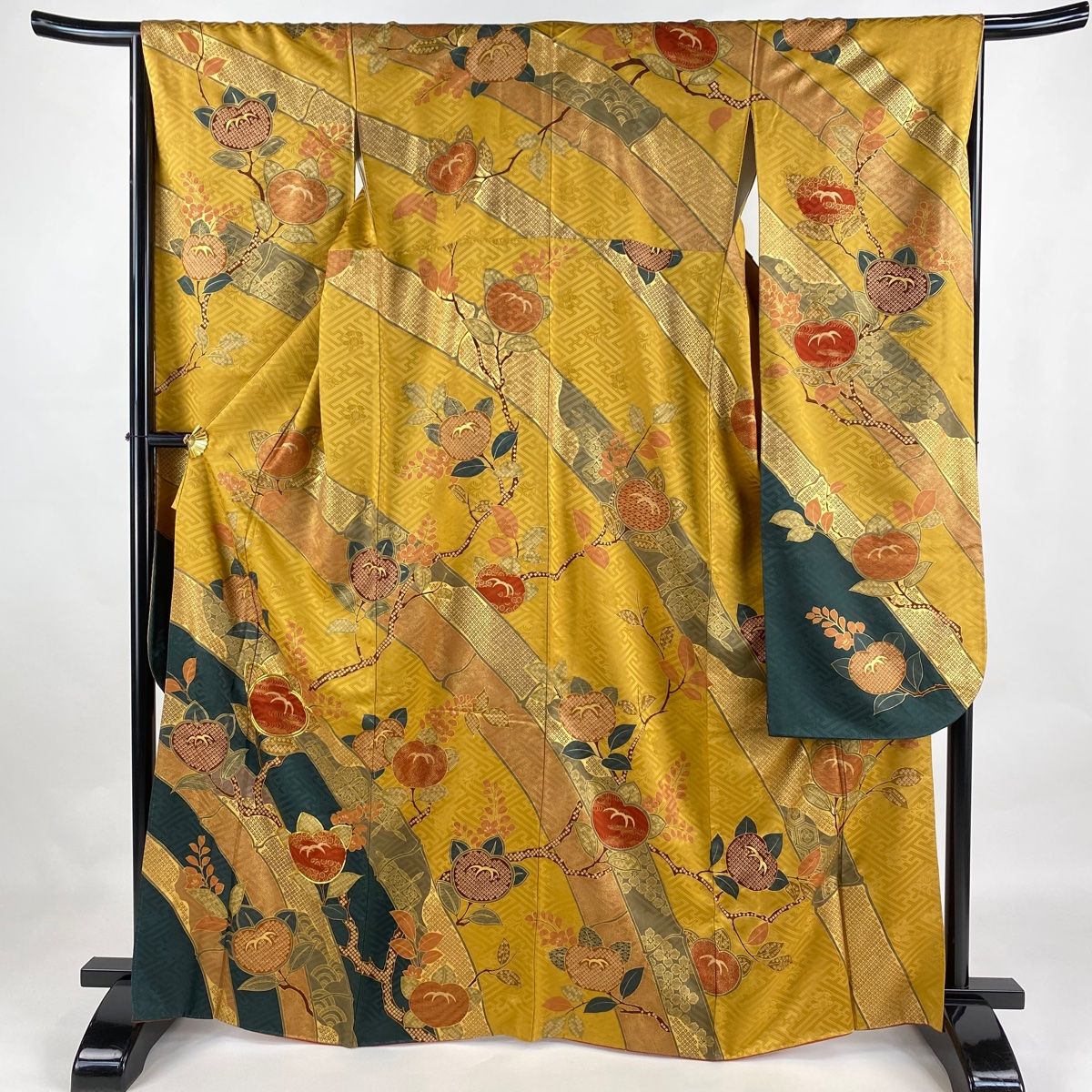 振袖 身丈165cm 裄丈65cm M 袷 橘 竹 金糸 金彩 黄土色 正絹 秀品